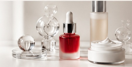 Illustrative finished skincare products and cosmetic packaging