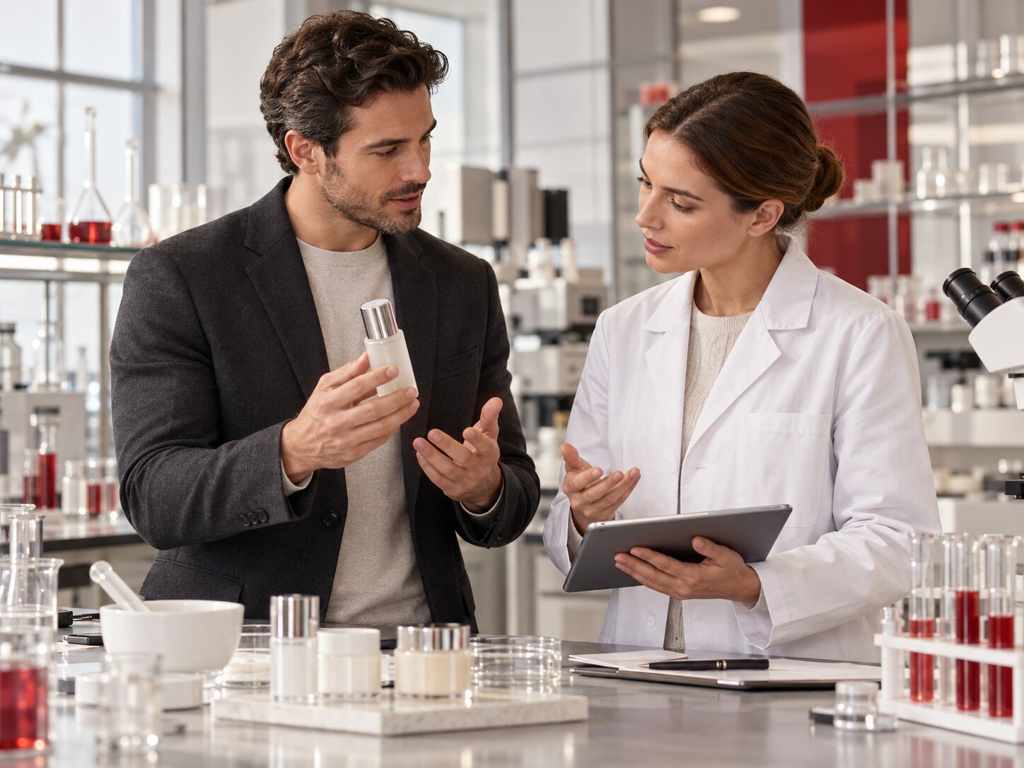 Male cosmetics brand client presenting a skincare product while discussing its development with a cosmetic scientist