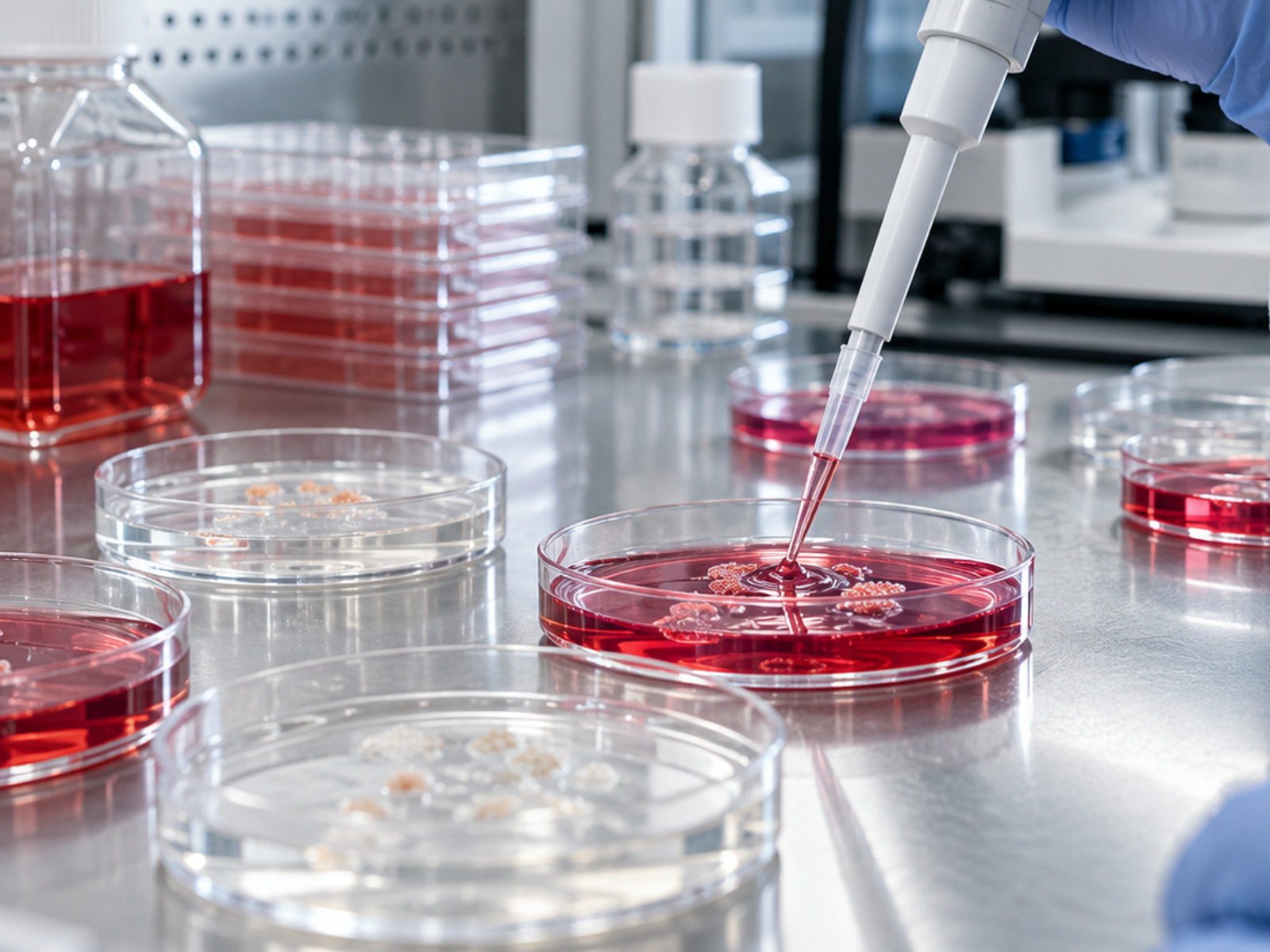 Petri dishes with culture media and precision micropipetting in a biotechnology laboratory